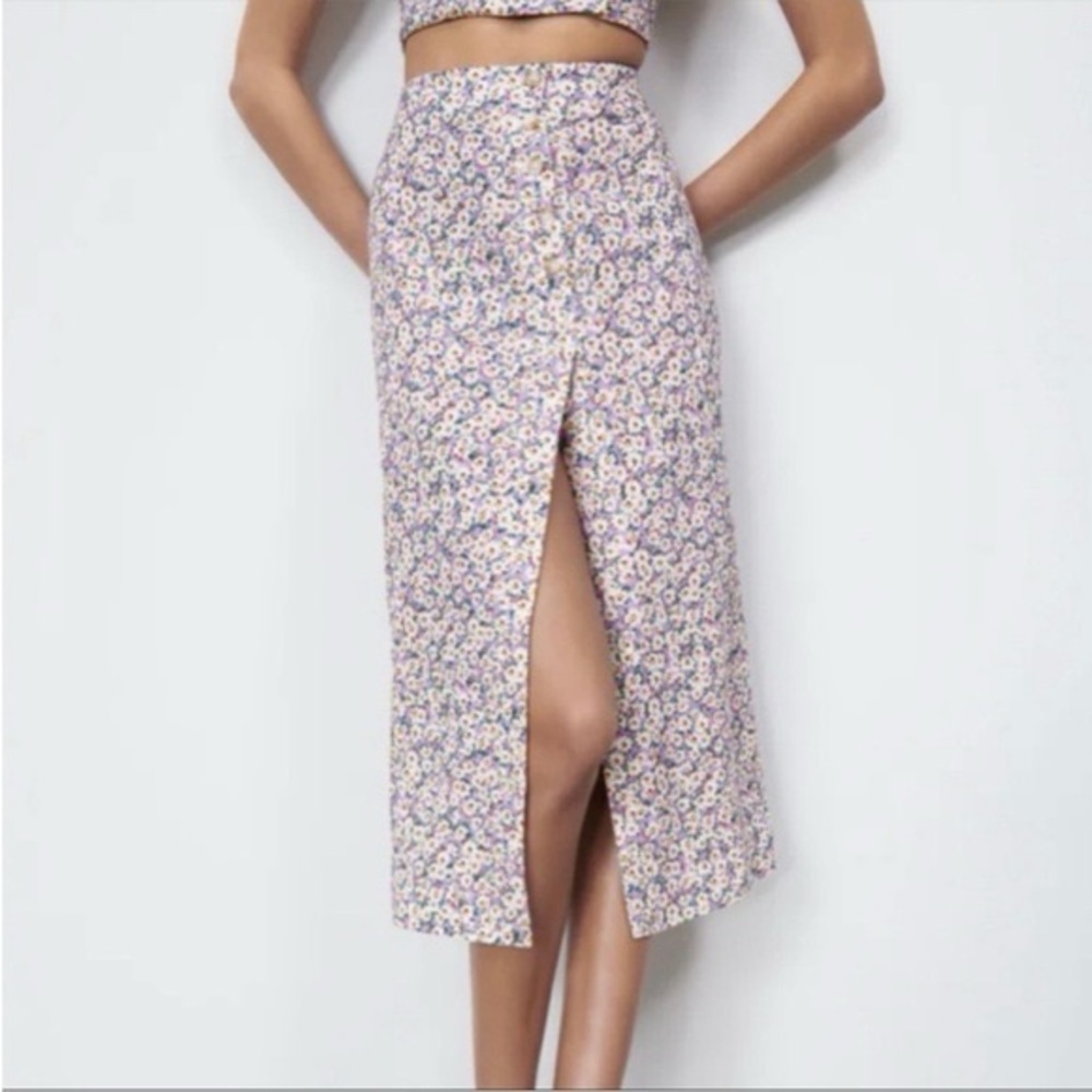 Zara Floral Midi Skirt with Slit